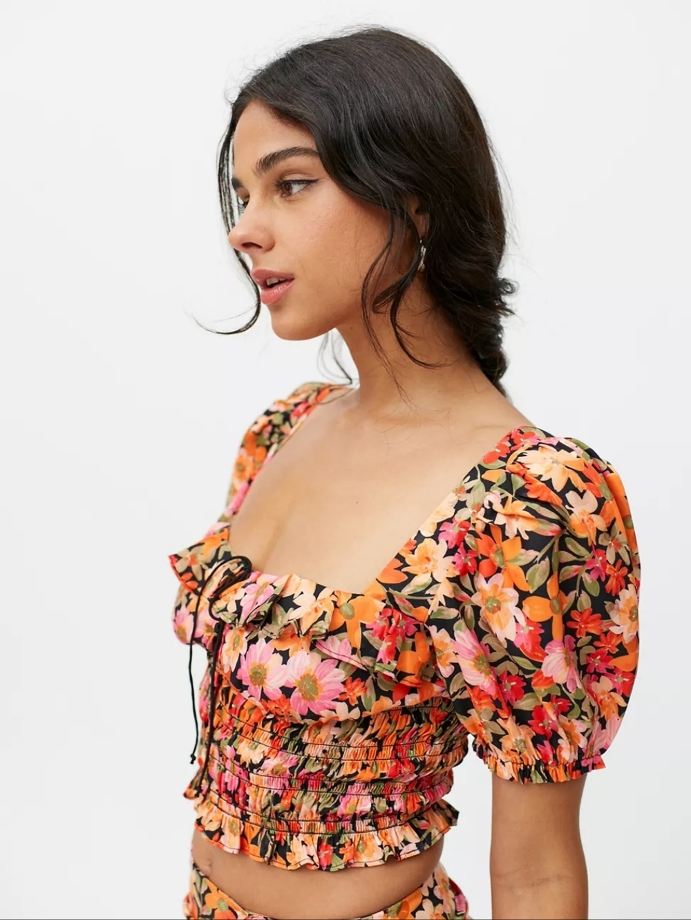 For Love And Lemons Floral Smocked Puff-Sleeve Crop Top in Pink & Orange XXS
